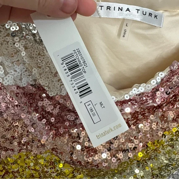 Trina Turk Sequin Strapless Top in Gold, Pink, and White - Picture 7 of 10